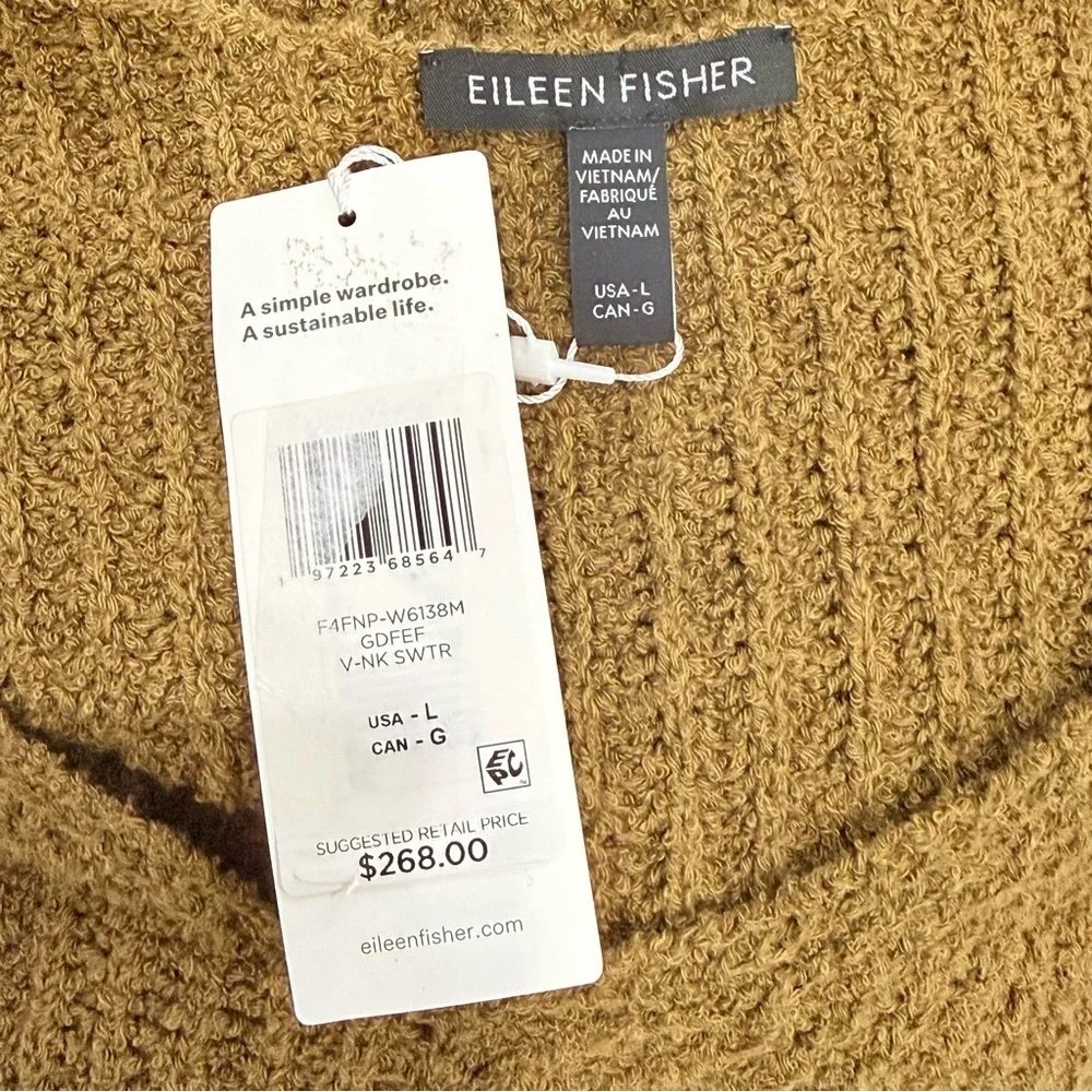Eileen Fisher Women’s Organic Cotton Cashmere Fluff V-Neck Sweater Gold Leaf NWT